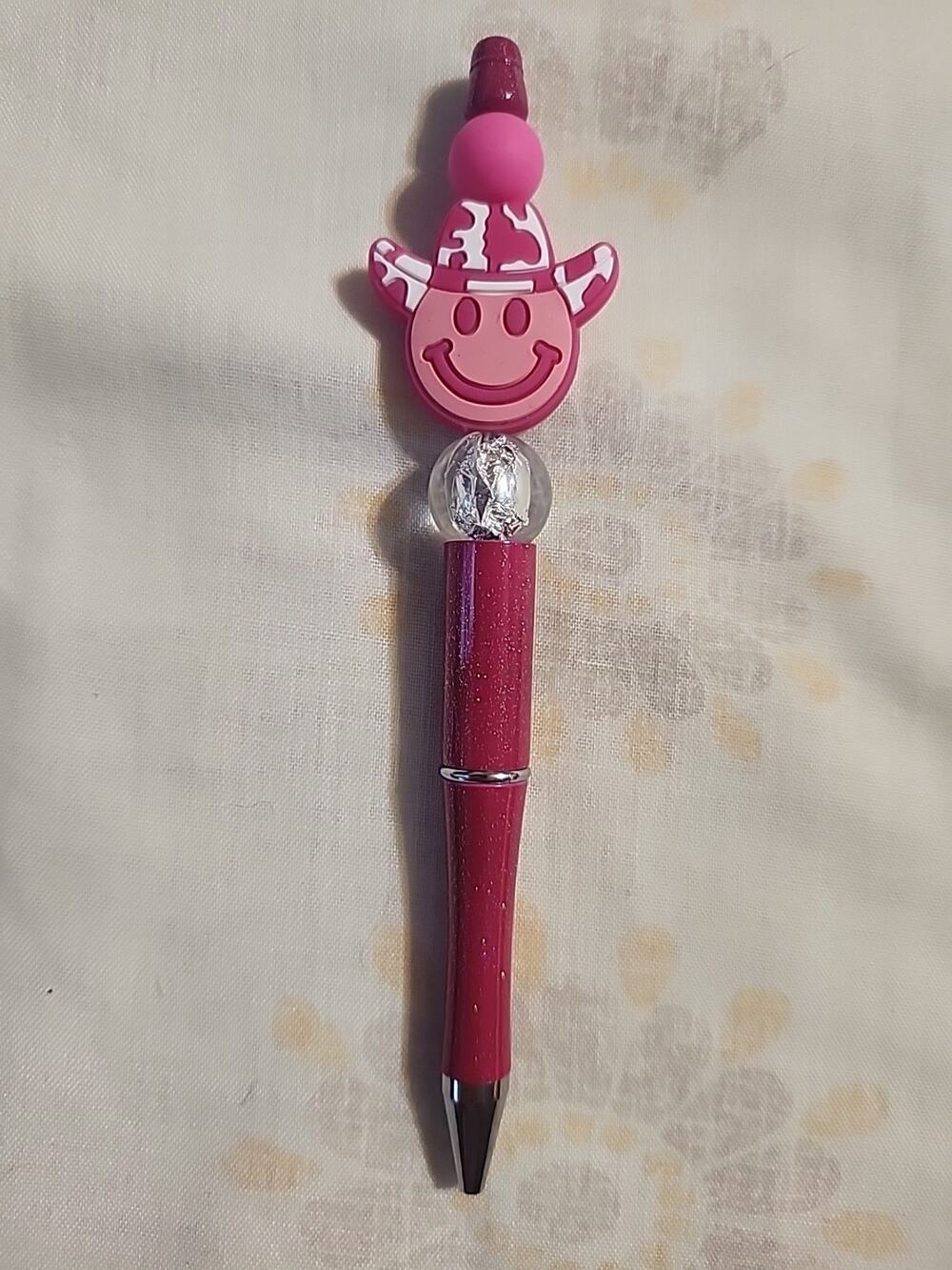 Bead Pen Smiley Face Cowgirl Dark Pink Cow Print Hat